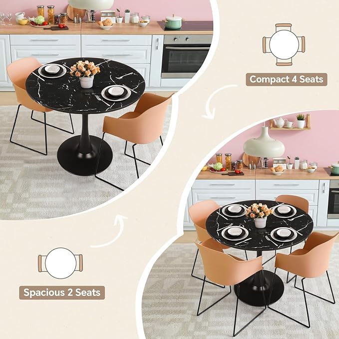 Small Space 31.5 Inch Black Faux Marble Round Tulip Dining Table - Mid Century Pedestal Base Kitchen Table for 2-4 People - Easy Assembly & Easy to Clean