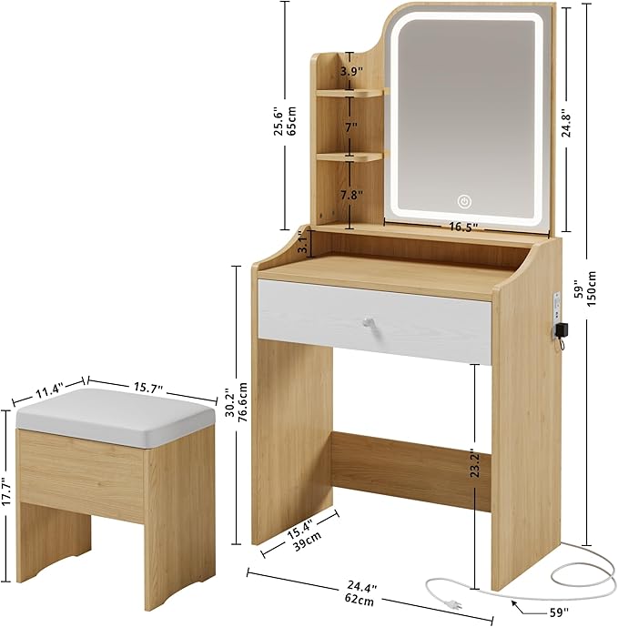 LIKIMIO Small Makeup Vanity Desk with Mirror and Lights, Vanity Table Set with Storage Drawer, Chair and Three Shelves, Bedroom, Wood