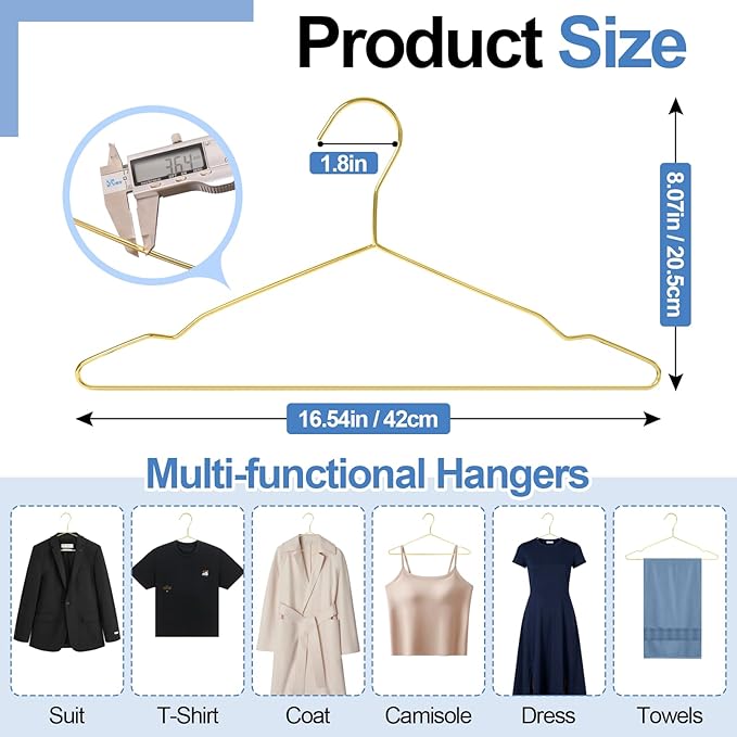 Metal Wire Clothes Hangers Bulk 30 Pack Gold, Heavy Duty Ultra Thin Space Saving Hangers with Non-Slip Notches, for Suits, Coats, Dresses, Shirts, Pants, Closet Organizer
