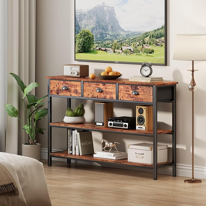 Furologee Long 47" Console Sofa Table with 3 Drawers, Entryway Table with 3-Tier Storage Shelves, Industrial Display Shelf for Entry Way, Hallway, Couch, Living Room, Kitchen, Foyer, Rustic Brown