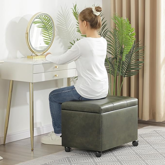 Joveco 24" Faux Suede Storage Ottoman Bench with Wheels, Rectangle Foot Rest Stool for Living Room, Bedroom, Entryway, Moss Green