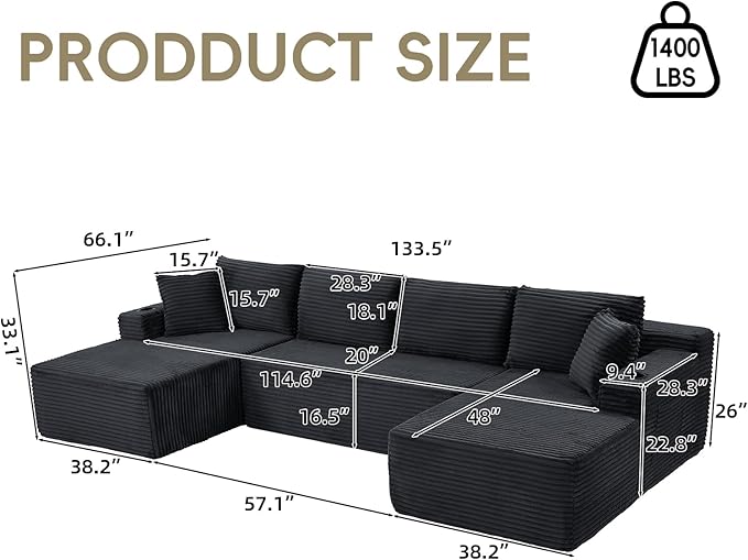134 Inch Cloud Sectional Couch for Living Room,Corduroy Boneless Couches with Cup Holder,Modern Modular Sectional Sofa with Deep Seat,No Assembly Required (Dark Gray, U-Shaped Sofa)