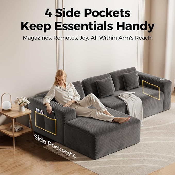 108” Cloud Sectional Couch in One Box, Compressed Modular Sectional Sofa with Deep Seat, Corduroy Boneless Couches, L-Shaped Sofa for Living Room, 4 Storage Pockets(Left Facing Chaise, Grey)
