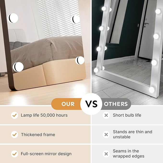 Kosmonia 56x18 Hollywood Full Length Mirror with Light, 17 Dimmable Bulbs & 3 Color Smart Touch Control, Distortion Free, Tempered Glass & Shatter Proof Film, Safe Full Body Mirrors with Stand