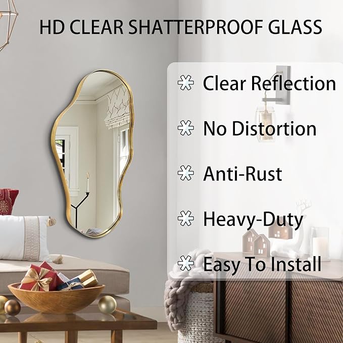 Irregular Mirror, 30"x20" Asymmetrical Mirror with Gold Metal Frame, Modern Funky Odd Shaped Mirrors, Abstract Wall Mirrors for Living Room Bathroom Bedroom Hallway Entryway Fireplace