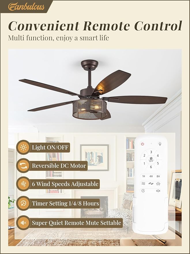 Farmhouse Oil Bronze Ceiling Fans with Lights and Remote, 52 Inch Bedroom Caged Ceiling Fans for Living Room Kitchen，6 Speed Reversible Quiet DC Motor, Dual Finish 5 Blades