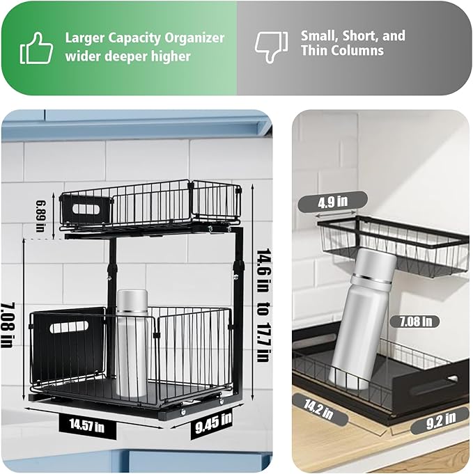 Under Sink Organizer, Multi-Purpose Sliding Cabinet Storage 2 Tier Sink Organizer, Adjustable Kitchen Organizers and Storage, Easy Install & Clean, Black