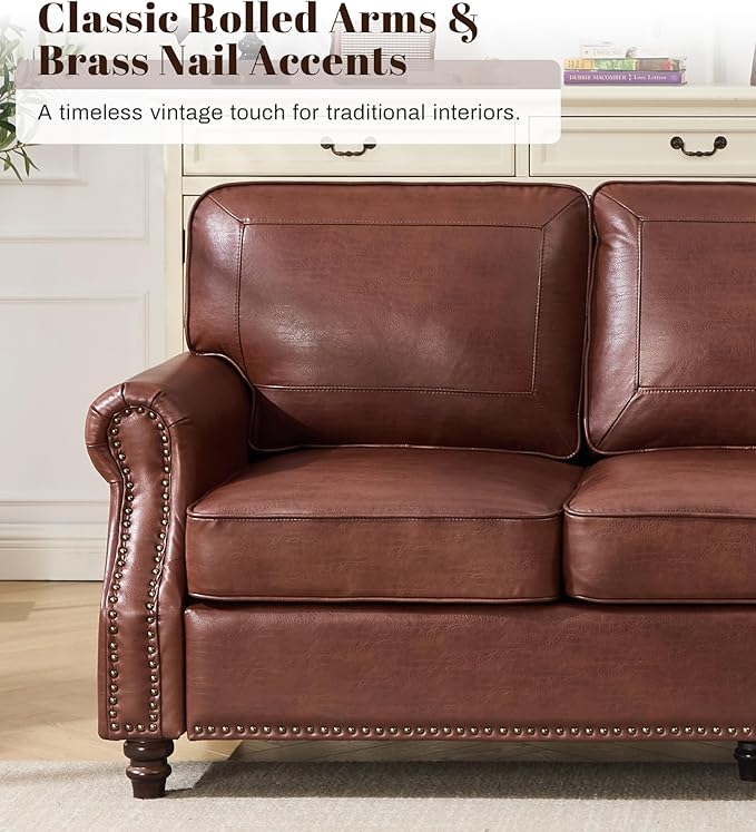 WILLOVE Faux Leather Sofa, Mid Century Modern Couch with Rolled Arm & Nailhead Trim for Living Room, Office - Retro Brown