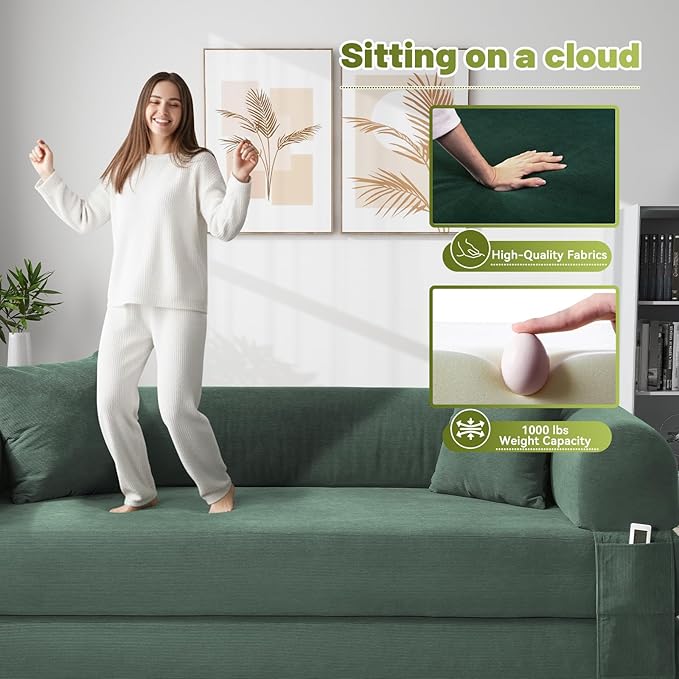 Convertible Folding Sofa Bed,80" Pull Out Couch with Pillows & Storage Pocket,Modular Futon Bed Corduroy Queen Sleeper Sofa in a Box,Compression Boneless Couch for Living Room,Light Green