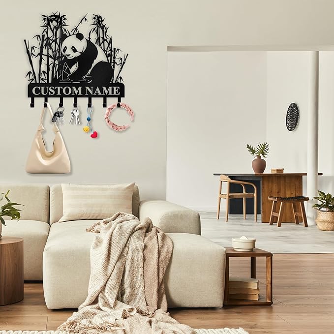 Bamboo Panda Animal Wall Key Holder | Metal Key Organizer with Hooks | Coat Rack & Wall Decor for Front Door & Hallway