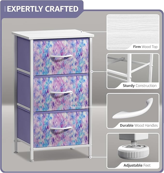 Sorbus Nightstand Storage Organizer Chest with 3 Drawers - Kids Girls, Boys Bedroom Furniture Chest for Clothes, Closet Organization - Steel Frame, Wood Top, Fabric Bin (3-Drawer, Blue/Pink/Purple)