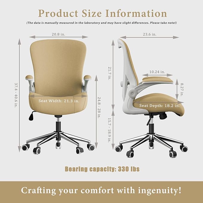 Kahki Ergonomic Office Desk Chair, Soft Fabric Thickened Curved seat Cushion with Adjustable Lumbar Support, Perfect Blend of Comfort and Good Looks, Ideal Chair for Home or Office, Khaki