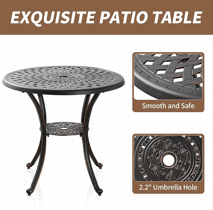 Cast Aluminum Patio Dining Set, Outdoor Bistro Set, 31.5" Round Outdoor Dining Table with Umbrella Hole, 2 Patio Chairs for Yard Porch Garden Balcony