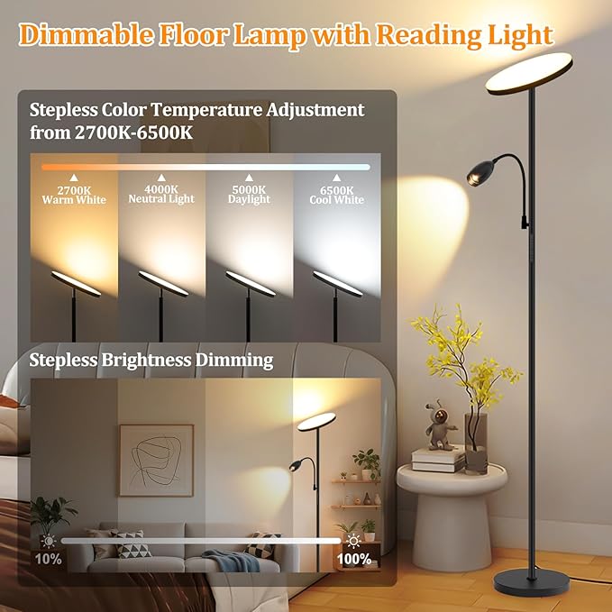 LED Torchiere Floor Lamp with Gooseneck Reading Light, 69" Dimmable Reading Floor Lamp with Adjustable Color Beam, Remote Control Standing Lamp, Zoomable Spotlight for Living Room,Bedroom,Office,Black