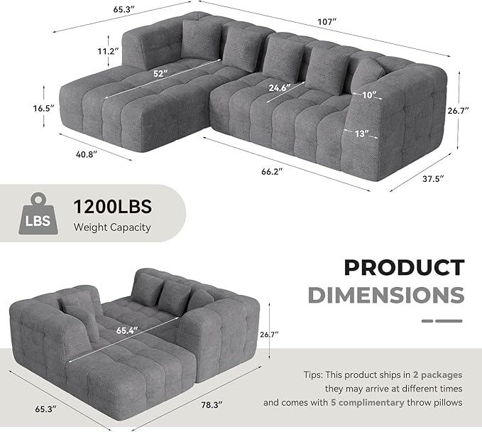 107" Boneless Couch with L - Shaped Chaise, Modern Chenille Modular Sectional Sofa with Tufted Design, Comfy Upholstered Sofa, No - Assembly Sectional Couch, Dark Grey