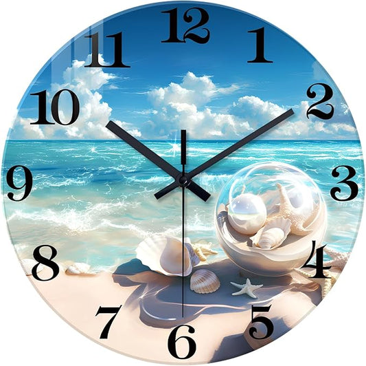 XNM Blue Beach Wall Clock for Office 24 Inch Giant Wall Clock Decorative Round Silent Clock for Wall