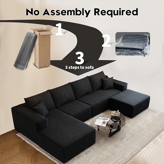 135.4" Cloud Modular Sectional Couch with 1 Ottoman,Modern Minimalist Upholstered Couches, Comfort U Shaped Sofa for Living Room,Deep Seat Corner Couch，No Assembly Required (Black,Left Facing Chaise)