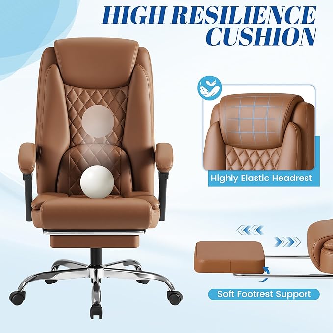 Furmax Office Chair with Footrest Ergonomic High Back Design Executive Computer Desk Chair400lbs, 90-135° Reclining Leather Home Office Desk Chairs Swivel Task Chairs with Wheels (Brown)