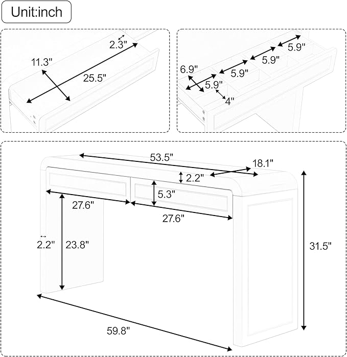 Merax 60" Entryway Console Table with Storage, 2 Drawers with Functional Divider/Retro Curved Design/Behind Couch & Sofa, White