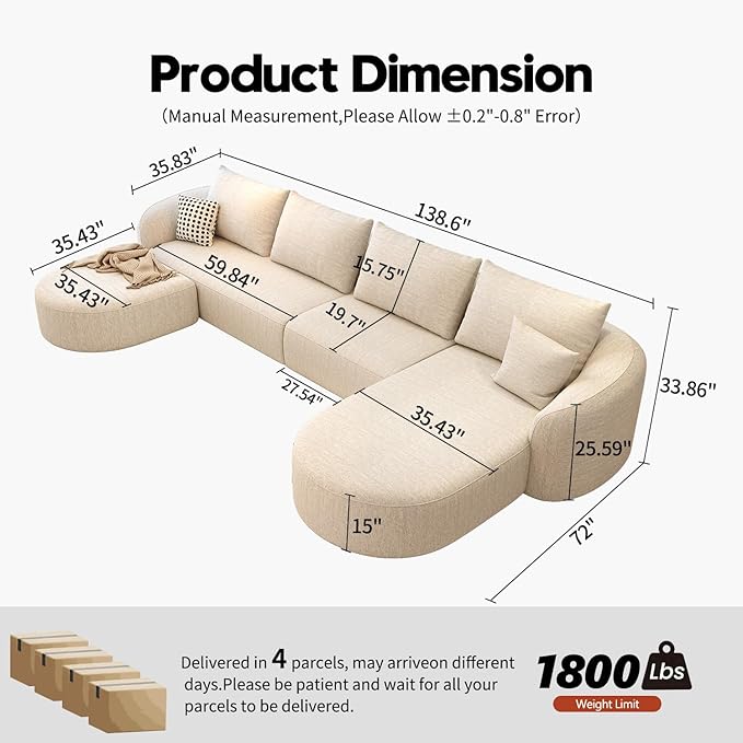 138.6" Modular Sectional Couches Luxury Modern Curved Back U-Shape Sofa Set with Ottoman,Minimalist Comfy Boneless Cloud Couch for Living Room Apartment,(Right Facing Chaise,White)