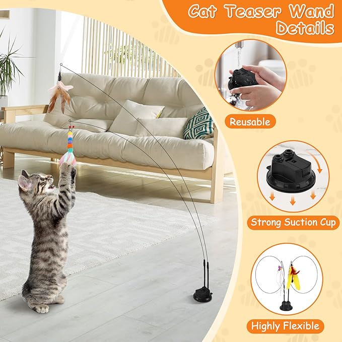 Cat Teaser Wand, Cat Toys Feather with Super Suction Cup, Double Headed Detachable Interactive Cat Toy, 12 PCS Elastic Cat Toys with Feathers, Cat Wand Toys for Indoor Cats