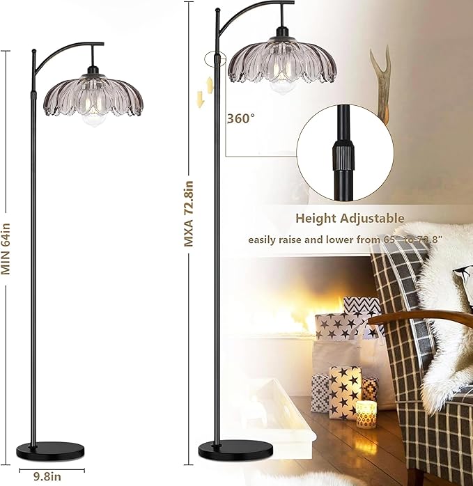 Arc Floor Lamps for Living Room with Remote,Black Dimmable Floor Lamp with Gray Glass Shade,Unique Vintage Flower Standing Tall Lamp,Modern Mid Century Floor Lamps for Bedroom Office Corner