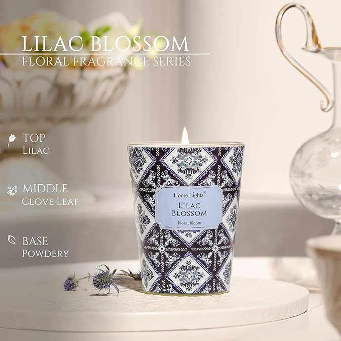 HomeLights 1-Wick Candles for Home Scented - 6.7oz Soy Wax Blend Candle Long-Lasting Fragrance, Bohemian Natural Textures Home Decor and Housewarming Gifts, Lilac Blossom
