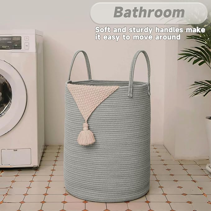 Large Woven Laundry Basket Hamper,100L Cotton Rope Storage Bin for Blankets,Toys and Clothes,Decorative Tall Nursery Hamper for Living Room,Baby Nursery,Bathroom and Bedroom,Grey