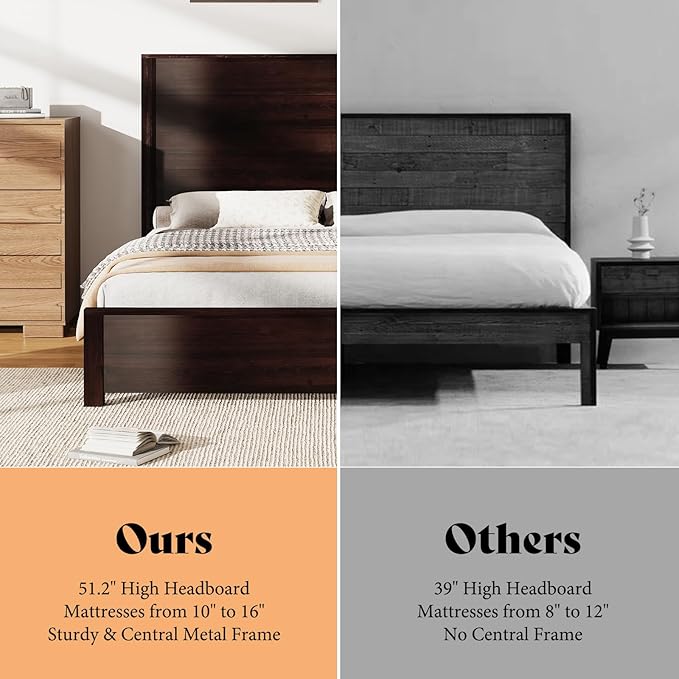 AMERLIFE King Size Bed Frame with 51.2" Spliced Headboard, Rustic Bedframe Wood Platform Bed/Wood Slats Support, No Box Spring Needed, Noiseless, Dark Brown