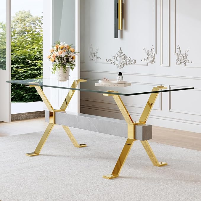 Glass Dining Table 71"｜Modern Dining Table for 6-8｜0.4" Thick Tempered Glass Top｜Chrome Gold Metal Legs｜Grey Crossbar｜Easy Assembly｜Perfect for Dining Room or Kitchen