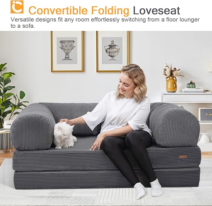 COMAX Futon Sofa Bed, 4-in-1 Floor Foldable Sofa Couch Bed Queen with L-Shaped Armrests, Convertible Folding Chair Bed Sleeper Mattress Fold Out Comfy Lounge for Living Room Bedroom, Grey