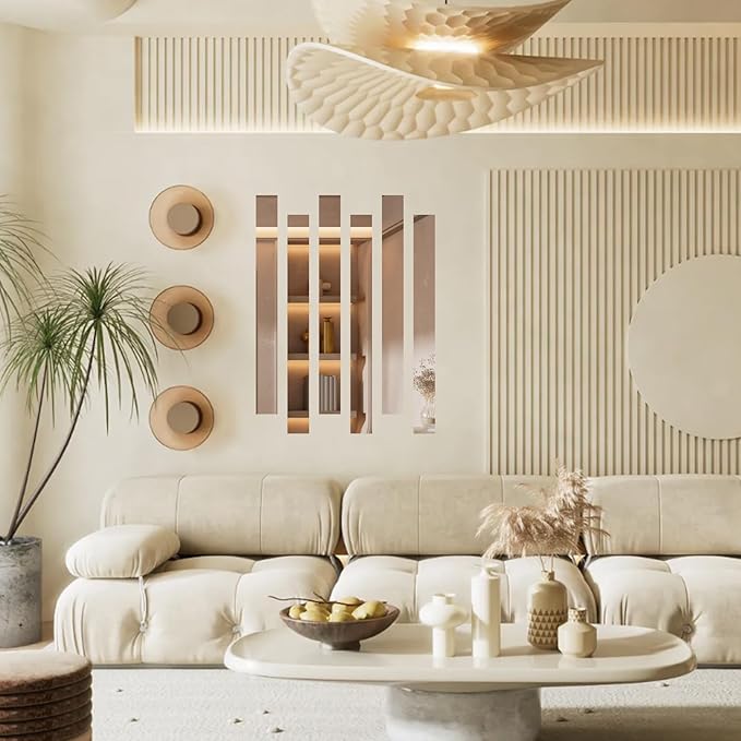 20Pcs DIY Striped Mirror Stickers 11.8" Length Self Adhesive Removable Long Acrylic Frameless Mirror Sheets for Home Living Room Bedroom DIY Decor (Silver)