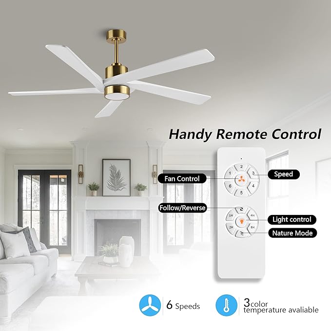 WINGBO 64 Inch DC Ceiling Fan with Lights and Remote Control, 5 Reversible Carved Wood Blades, 6-Speed Noiseless DC Motor, Modern Ceiling Fan in Brass Finish with White Blades, ETL Listed