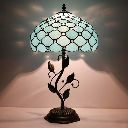 Tiffany Lamp Stained Glass Table Lamp Desk Bedside Reading Light 12X12X19 Inches with Metal Leaf Base(Sea Blue Beads)