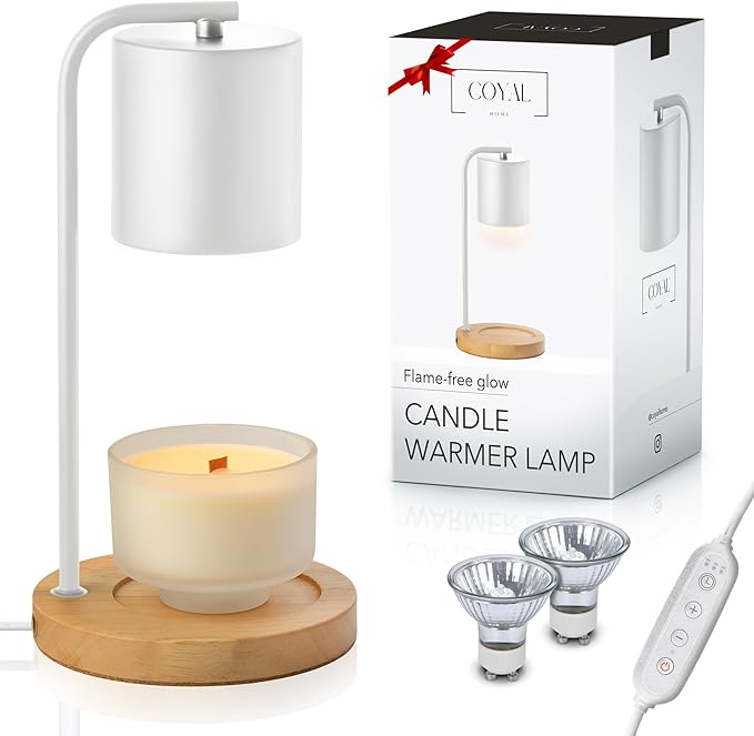 Candle Warmer Lamp with Timer and Dimmer & Includes 2 Bulbs, Electric Wax Candle Lamp Warmer for Jar Candles, Home Decor Aesthetic, and House Warming Gifts - White Wood