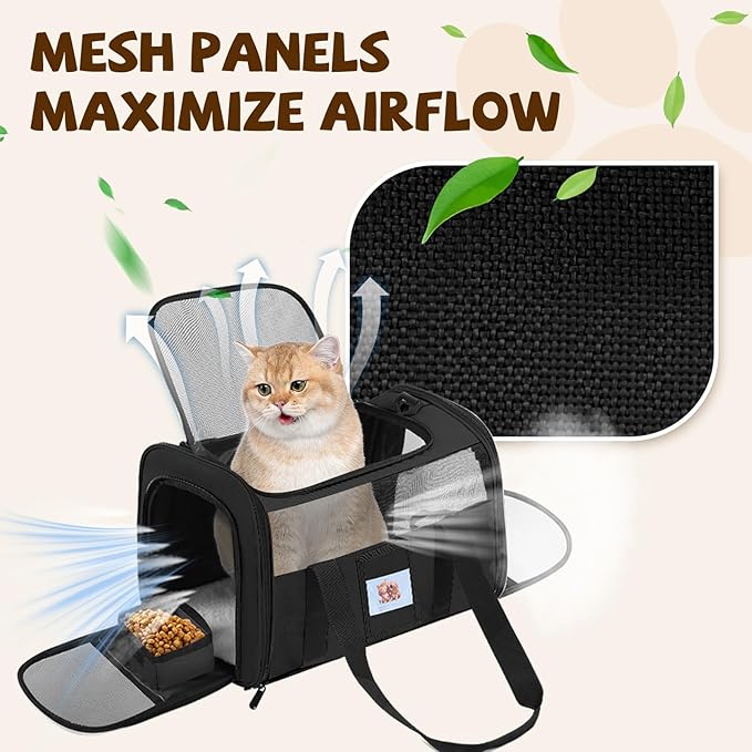 Pet Carrier 17Lx12Wx11H inches, Airline Approved,Pet Travel Carrier Bag for Small Cats and Dogs, Soft Dog Carrier for 1-25 LBS Pets,Dog Cat Carrier with Safety Lock Zipper (Black)