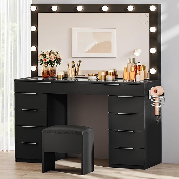 DWVO 46'' Glass Top Vanity Desk with 10 Drawers, Makeup Vanity Set with with Large Mirror and 12 LED Lights, Dressing Table with Charging Station & Storage Chair, 3-Color Light Modes, Black