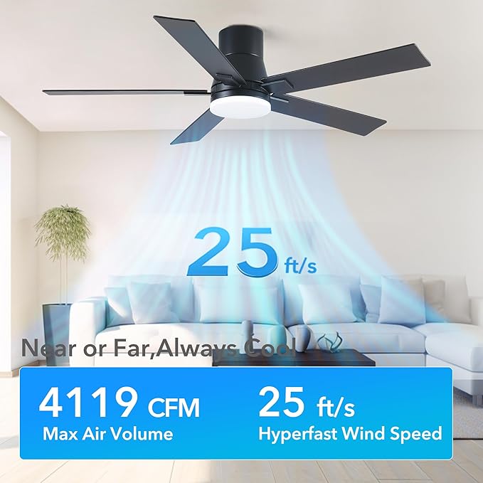 Rayqueen 52 Inch Ceiling Fans with Lights and Remote,Flush Mount Black Ceiling Fan,6 Speed Reversible DC Motor,3CCT Dimmable LED-Low Profile Design for Bedroom, Living room & Covered Outdoor
