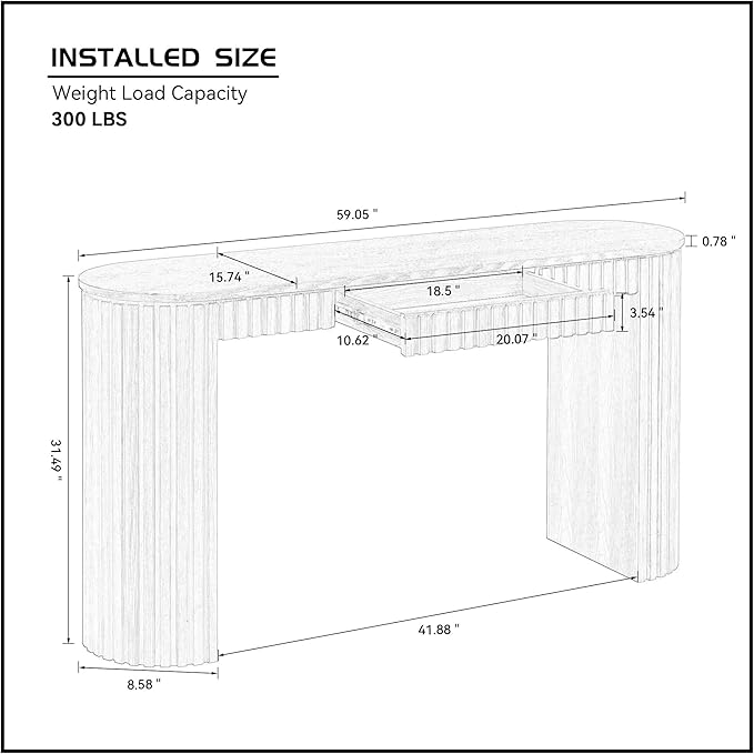 Modern Console Table for Entryway Contemporary Black Console Entry Tables with Drawer Fluted Sofa Tables Oval Long Foyer Table with Storage for Entry Way Hallway Entrance 59.05'' Wood