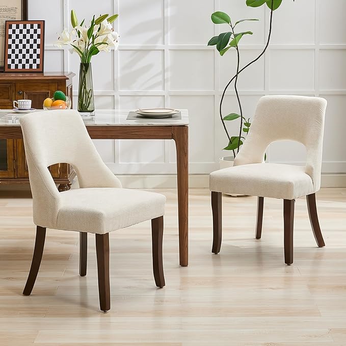 UVV Wooden Dining Chairs Set of 6, Mid Century Modern Fabric Upholstered Dining Room Chair Kitchen Chairs, Farmhouse Dinner Chair with Solid Wood Legs for Kitchen Dining Room, Beige
