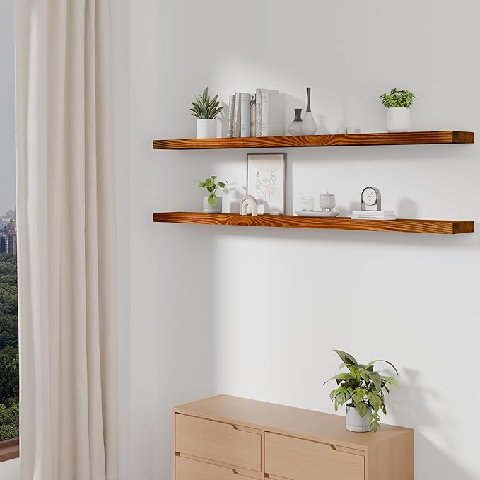 foxsky 60 Inch Solid Pine Wood Floating Shelves for Wall with Hidden Brackets, Rustic Farmhouse Wall Mounted Shelf for Bathroom, Living Room, Bedroom, Kitchen, Office Decor (Honey Oak)
