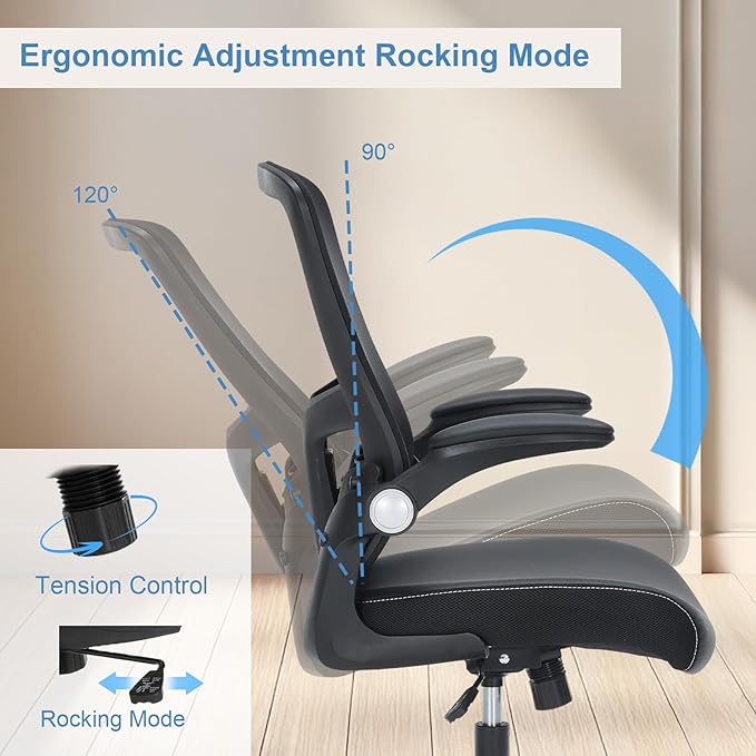 Office Chai PU Leather Cushion, Ergonomic Desk Chair with Flip-Up Arms, 300 LBS Home Office Desk Chairs Adjustable Seat Height & Lumbar Support, Executive Comfy Swivel Task Computer Chair