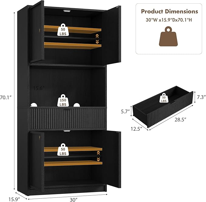 Garvee Tall Kitchen Pantry Cabinet, 70" Pantry Storage Cabinet with Countertop, Fluted Kitchen Hutch Cabinets with Doors and Drawer, Freestanding Cupboard for Dining Room, Living Room, Black