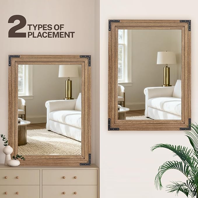 Full Length Mirror 40"x30" Solid Wood Frame Floor Standing Mirror, Hanging or Leaning Wall-Mounted for Living Room, Bedroom, Oak Color