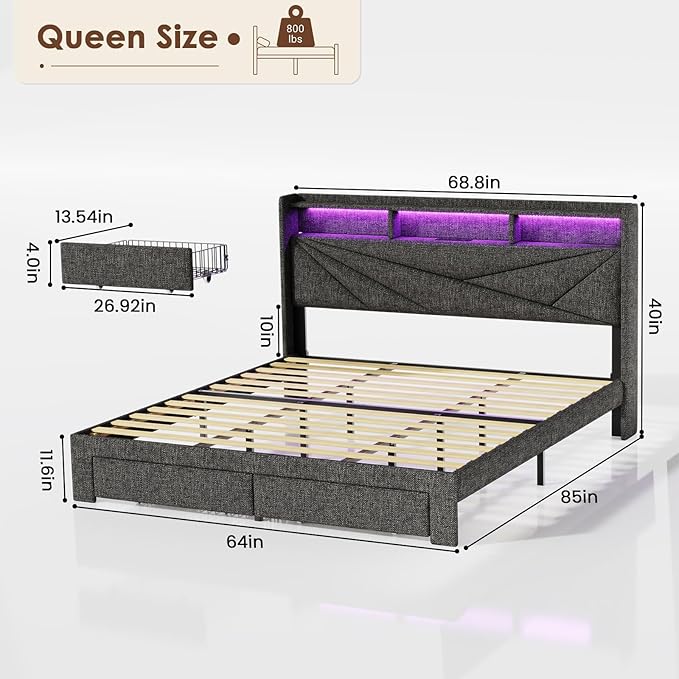 LED Queen Bed Frame with 2 Storage Drawers, Upholstered Bed Frame Queen Size with Headboard and Charging Station, No Box Spring Needed, Easy to Assembly-Dark Grey