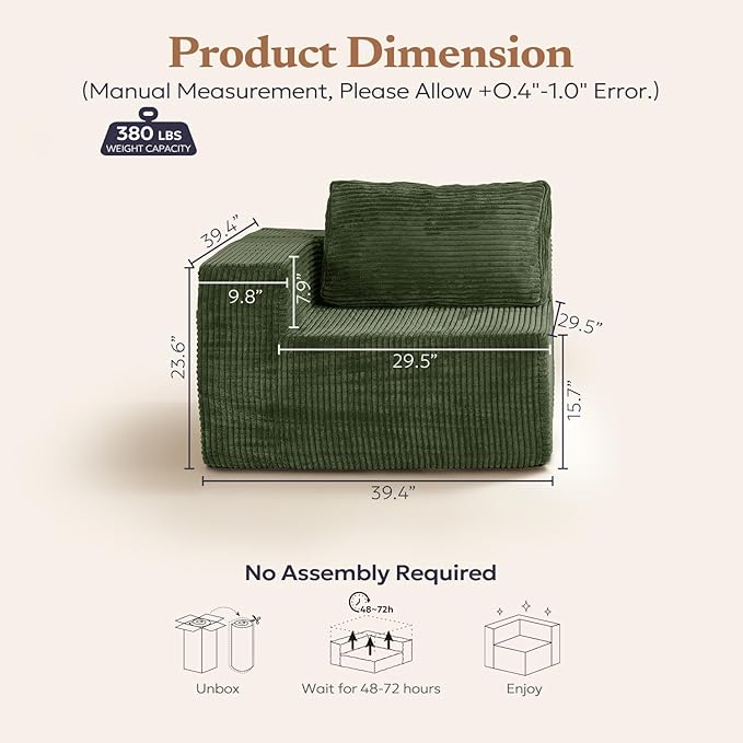 40" Modular Sectional Sofa, Upholstered Floor Sofa Couch with Pillow, Bean Bag Chair for Bedroom Living Room, No Assembly Required (Green, Plush Corduroy Fabric)