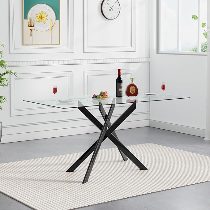 51" Rectangular Glass Dining Room Table for 4 with Tempered Glass Top and Black Metal Legs, Modern Clear Kitchen and Dinner Table for Home Office Dining Room