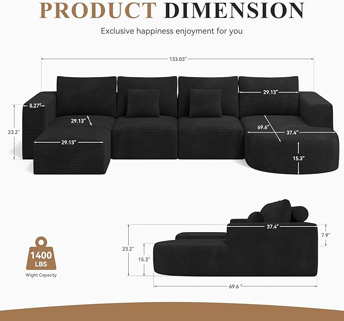 134" Boneless Couches for Living Room,Big Modular Sectional Sofa with Ottoman,Cloud Couch in a Box,Sponge Compression U Shaped Sofas with Chaise No Assembly Required,Black,1pcs