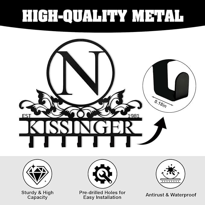 Personalized Metal Key Holder Wall Mount, Custom Family Name Key Holder for Wall, Decorative Key Rack, Home Decor for Entryway Kitchen Hallway Bedroom, Housewarming Gifts Color02