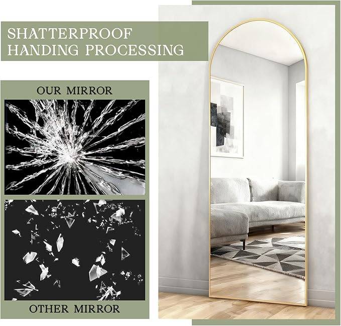 MISSDAY 64"x21" Arched Full Length Mirror, Gold Full Body Mirror with Stand, Floor Mirror Long Free Standing, Leaning or Hanging, Aluminum Thin Frame Wall-Mounted Mirrors Wall Mirrors for Bedroom